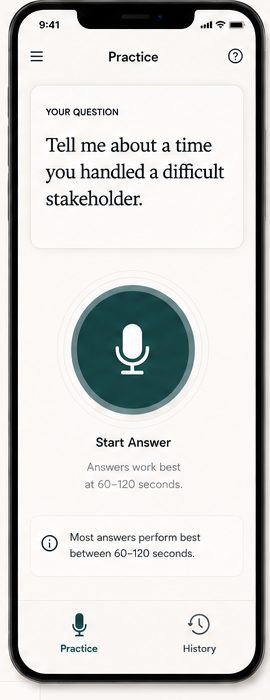 InterviewBuddy practice screen with a behavioral question and microphone button