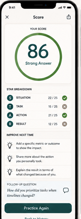 InterviewBuddy score screen showing an 86 out of 100 with a STAR breakdown and specific feedback